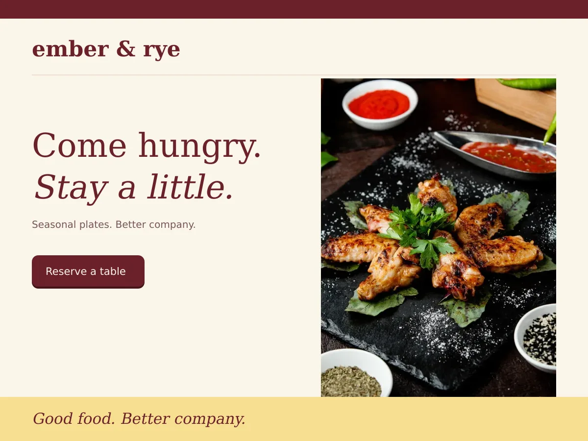 Ember and Rye restaurant design with editorial typography, warm cream and burgundy styling, and food photography