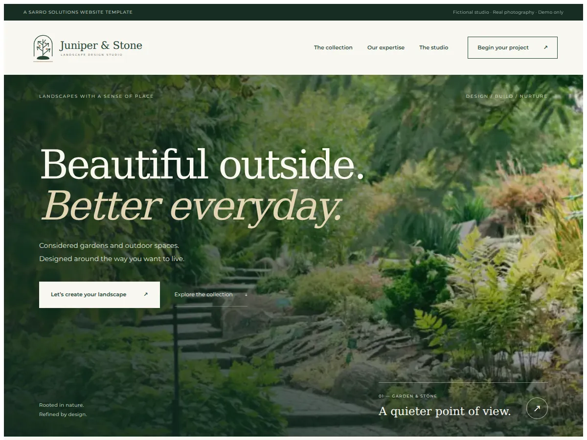Juniper and Stone landscape design website with a garden photograph and elegant cream and forest green styling
