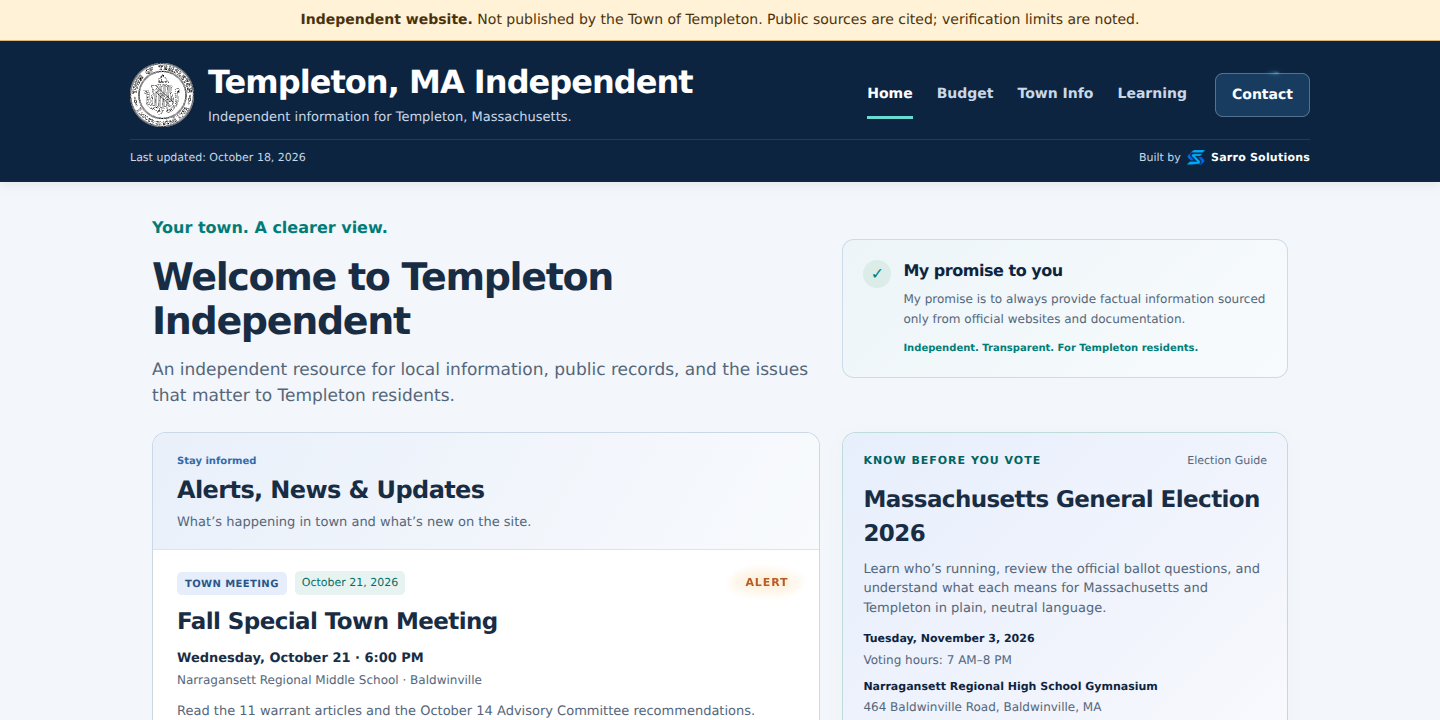 Templeton, MA Independent homepage with town news, official resources, and election information